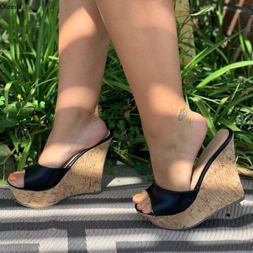 Olomm New Fashion Women Summer Mules Sandals Slippers Wedges Heels Peep Toe Classics Black Casual Shoes Women US Plus Size 5-20