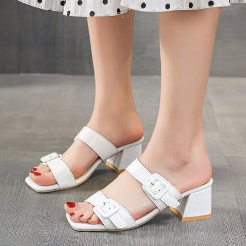 LLOGAI New Elegant Metal Decoration Female Slippers Peep Toe High Heels Sandals for Girls 2021 Summer Casual Basic Shoes Woman
