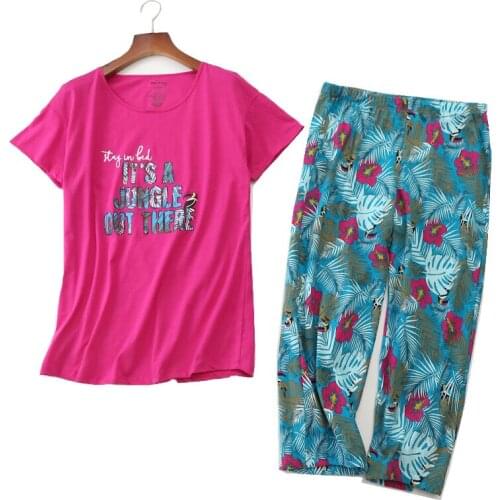 2019 Spring New Ladies Pajamas Set Rose Red Top+Floral Printed Pants Women Loose Korean Style Soft Female Casual Wear Sleepwear