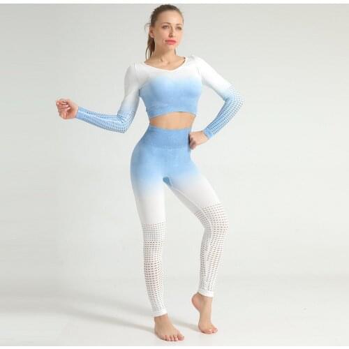 Women Mesh Seamless Yoga Set Sport Fitness Yoga Outfits Women Long Sleeve Shirts High Waist Leggings Gym Workout Clothes NT004