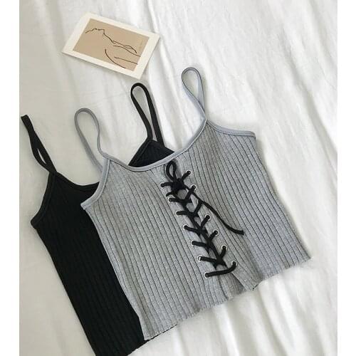 HELIAR Women Halter Tank Tops Knitting Sexy Spaghetti Hot Camis Female Solid Croped Top Feminino Drawstring 2019 Summer Tops