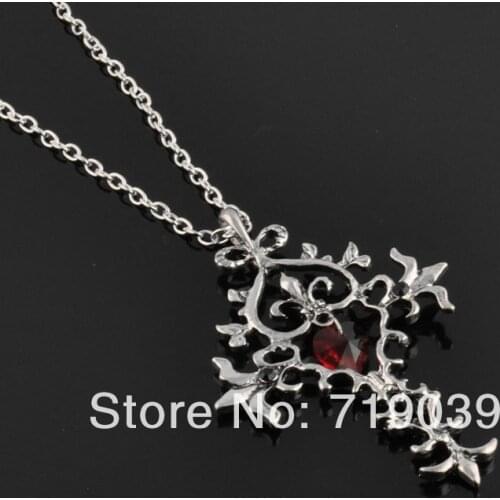 ZRM 20pcs/lot Wholesale Hot Vampire Diaries Vintage Unique RED Sacred Heart Crystal Cross Necklace Pendant Chain Long Necklaces
