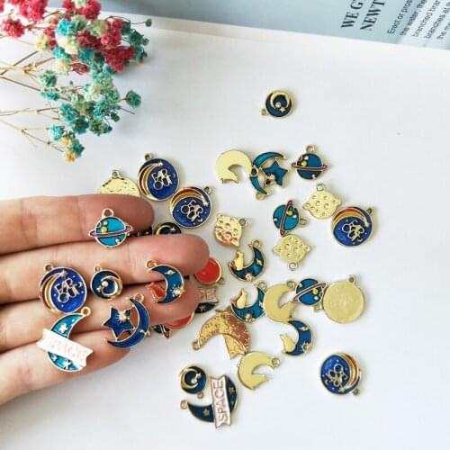 10pcs Starry Series Enamel Charms Alloy Pendant Rhinestone Star Moon Space Dangle Charm Fit DIY Bracelet Jewelry Accessory FX162