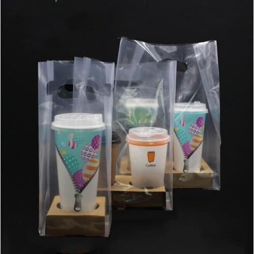 100sets 1/2/4 Cups Kraft Paper Coffee Cup Holder Clear Plastic Bag Beverages Juice Coffee Milk Tea Take-away Pack#36204