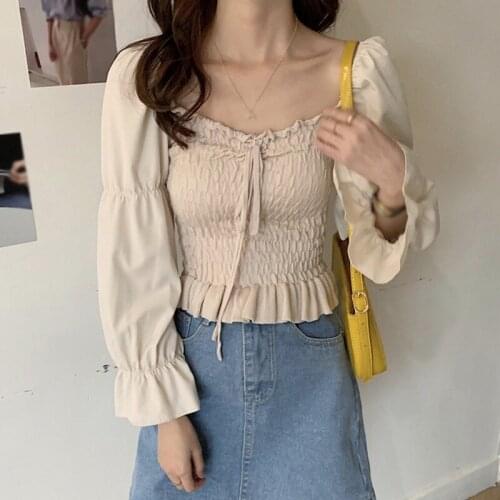 Womens Blouses Shirts Square Collar Puff Sleeve Blouses Autumn Solid Color Sexy Sweet Exposed Navel Long Sleeve Blouses