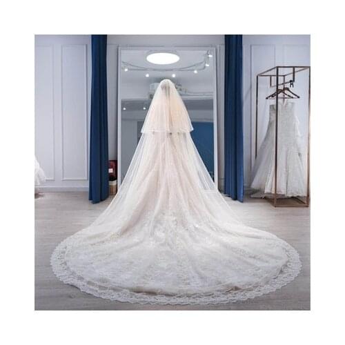 5m 4m Long Wedding Bridal Veils Lace Appiques Edge 2 T Tulle Cathedral Veil with Comb Ivory Luxury Velo de Novia Voile mariee