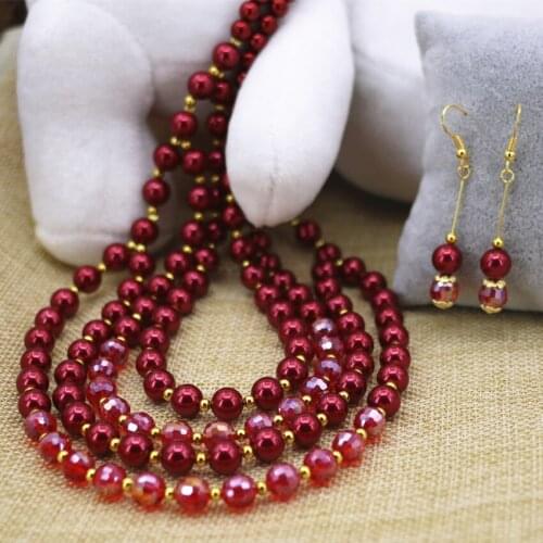 Hot sale fashion red shell simulated-pearl 6mm 8mm round beads chain necklace earrings exquisite women jewelry set 20inch B3104