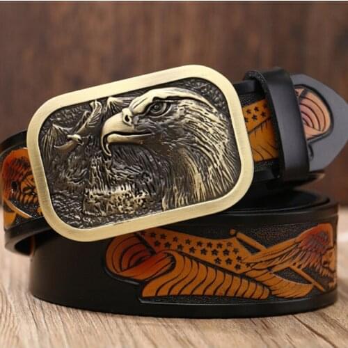 Hot style mens leather embossed belt retro hawk belt trend youth fashion plate buckle belt luxury