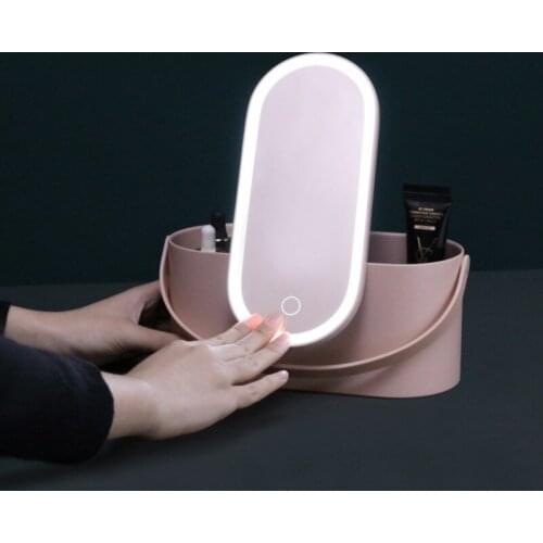 Living Room Makeup Organizer Box with LED Touch Light Mirror Portable Travel Cosmetics Jewelry Case Mask Holder Medical Hamper