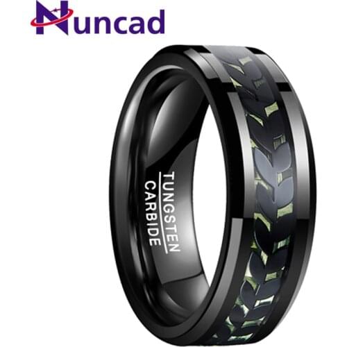 NUNCAD Mens Ring 8mm Tungsten Carbide Ring Black Leaves Green Carbon Fiber Tungsten Steel Ring Polished Finish