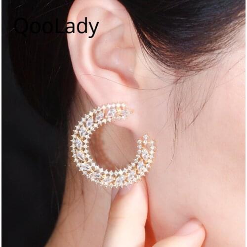 QooLady 2020 Chic Design Round Gold Statement C Shape Earring Geometric Cubic Zirconia Stone Fashion Women Everyday Jewelry E192