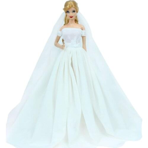 1 Set White Wedding Lace Dress Layered Ball Gown with Veil Princess Wear Dollhouse Accessories Clothes for Barbie Doll Toy