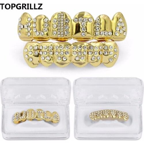 TOPGRILLZ Gold Color Plated Iced Out Letter CZ Stone Hip Hop Teeth For Mouth GRILLZ Caps Top & Bottom Grills Set Classic tooth