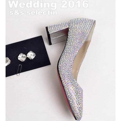 Thick heel wedding shoes rhinestone pointed toe single shoes plus size genuine leather prom bridal shoes wedding shoes red