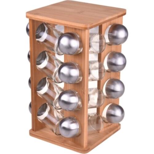 Rotating Spice Jars Storage Container Set of 17 Glass Storage Box with Bamboo Holder Stand Steel Lid Rice Spice Sugar Dispenser