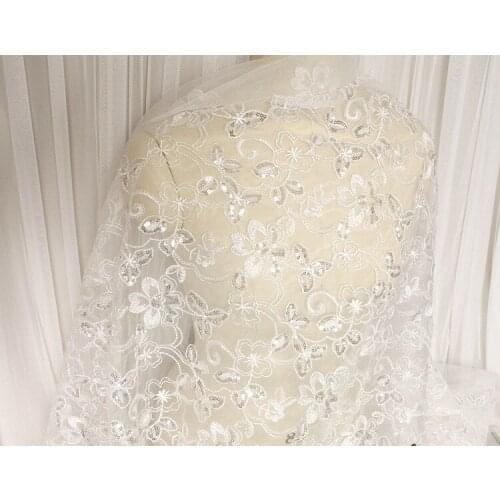 Embroidery lace flower sequins pattern DIY lace fabric ivory for dress