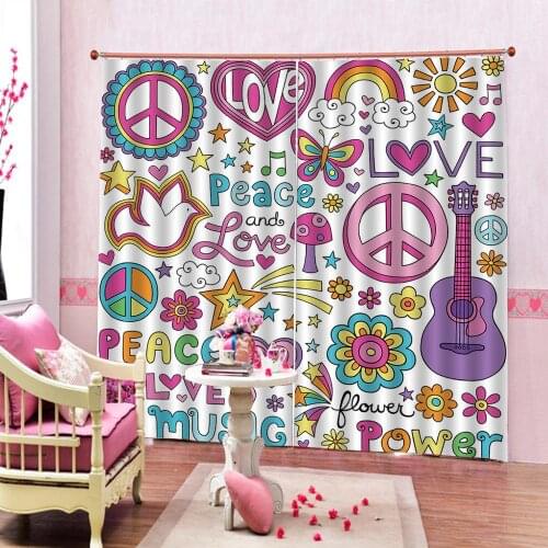 Cartoon pattern Curtain With Sunlights Sunny Floral Birds Guitar Flower Power Stars For Childrens room Bedroom Window Drapes