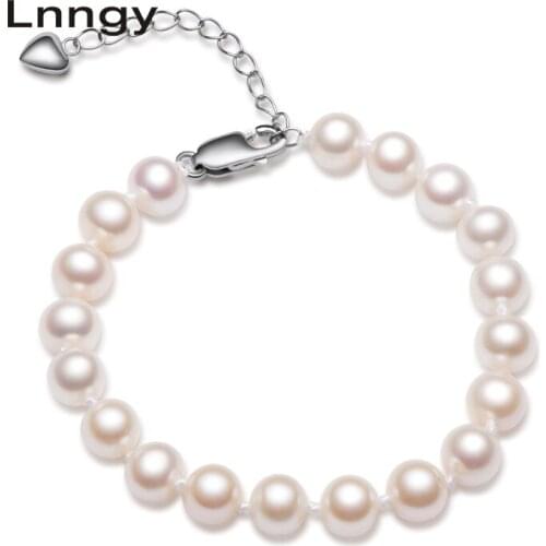 Lnngy Real 925 Sterling Silver Chain Link Bracelet Natural Freshwater Pearl Charm Bracelet Bangles Women Wedding Jewelry gifts