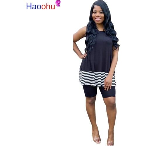 HAOOHU 2020 Summer Women Two Pieces Sets Tracksuits Striped Print Tops Shorts Suit Sporty Fitness Night Club 2 Pcs Outfit