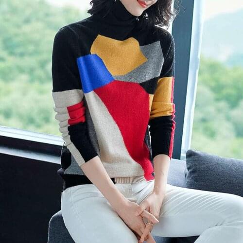 Womens Patchwork Turtleneck Sweater And Pullover Long Sleeves