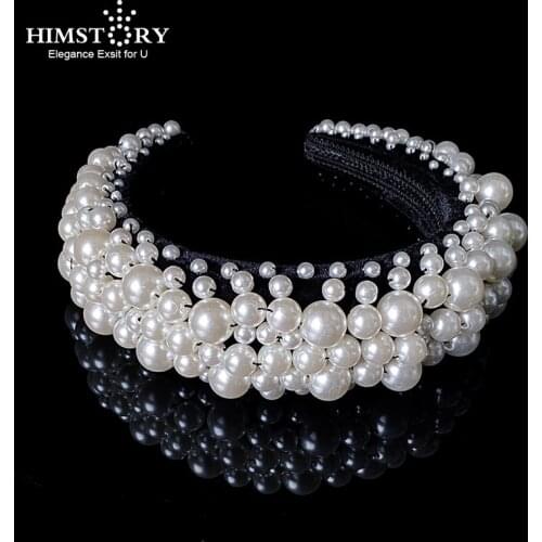 HIMSTORY Handmade Baroque Full Pearl Tiara Headband Luxury Diamante Hairband For Women Girls Bridal Wedding Hair Accessories