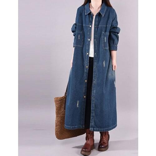 2021 Big Size Loose Single Breasted Denim Trenchcoat Women Vintage Effects Color Long Denim Windjack Womens Vest Upper