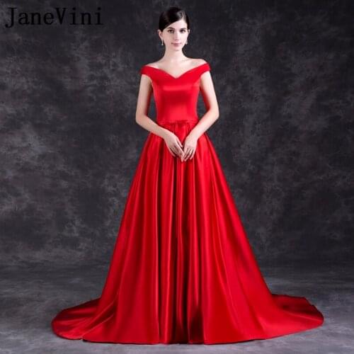 JaneVini Vestidos Elegant Red Satin Mother of The Bride Dresses A Line V Neck Lace-up Back Sweep Train Formal Long Evening Gowns