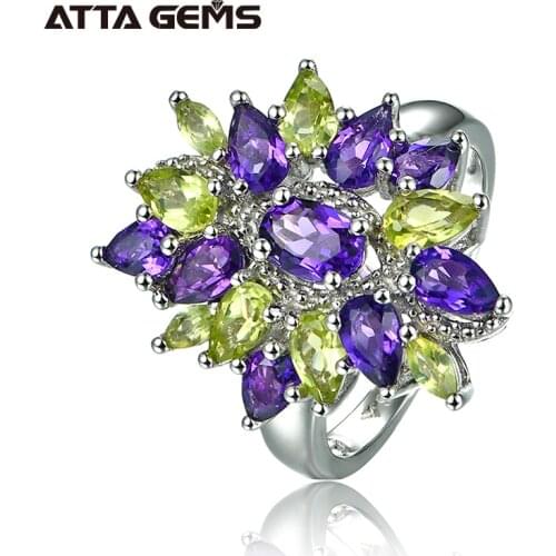 Natural Amethyst Peridot Sterling Silver Rings for Women Wedding Band 15 Carats Natural Crystal Birthstone Luxury Design Style