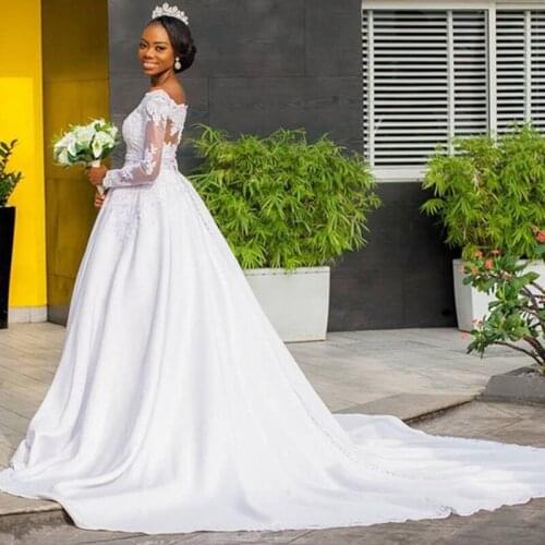 Elegant African Long Sleeves Wedding Dresses 2021 vestido de novia A Line Lace Satin Black Women Girls Bridal Gowns Handmade