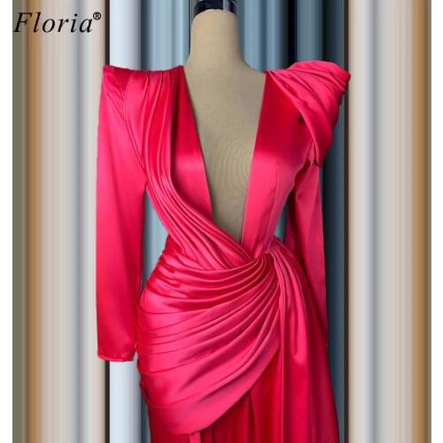 2020 Fuchsia Formal Evening Dresses Long Sleeves Mermaid Prom Dresses Women Wedding Party Dresses Robe De Soiree Vestidos