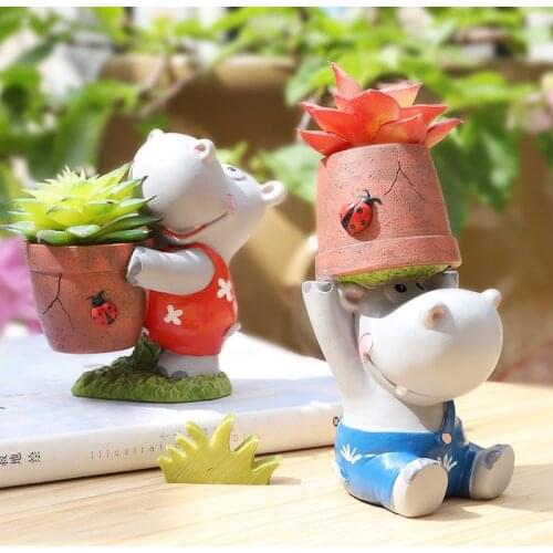 2pcs Cartoon Hippo Flowerpot Mini Succulent Plant Pots Home Decoration Figurine Animal Couple Planter