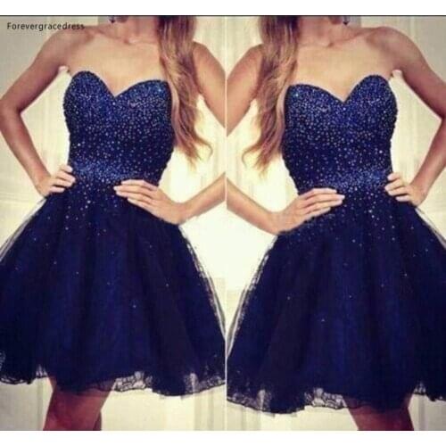 2019 Cheap Navy Blue Sweetheart Short Cocktail Dress A Line Mini Juniors Sweet 15 Graduation Party Dress Plus Size