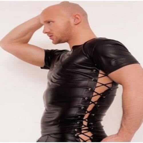 2018 Latex T shirt Men Sexy PVC Leather Vests Lingerie Nightclub Costume Gay Underwear Wet Look Fetish Bondage Tops Tee