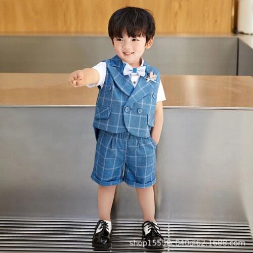 Summer New Toddler Boys Formal Sets Kids Baby Boys Korean Handsome Party Clothes Plaid Vest Shorts White Shirts 3pcs Set for Boy