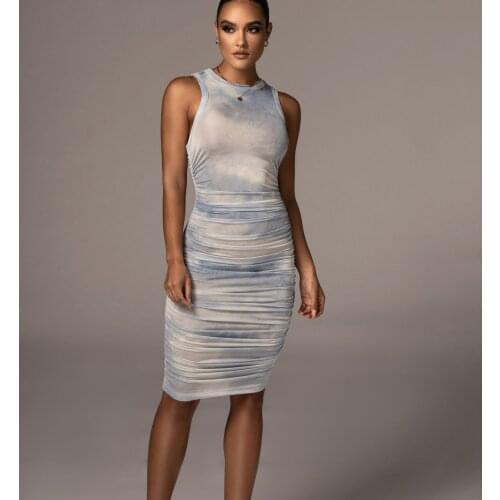 Summer Sleeveless New Womens Clothing Sexy Tight Printing And Dyeing Folds Buttocks Dress Urban Casual