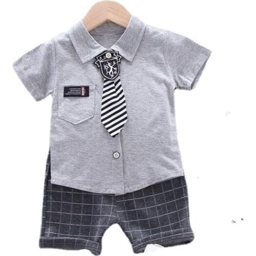 Summer Tie Short Sleeve Shirt Suit New Baby Boys Clothes Fashion Children Girls Printed Cotton Costume Kids Tracksuits 0-4 Ages