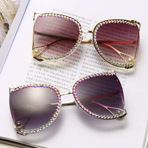 Fashion Rimless Sunglasses Women Bling Rhinestone Sun Glasses Frameless Pearl Temples Eyeglasses Vintage Shades for Female Uv400