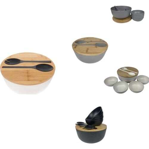 Bamboo Fiber Salad Bowl Set - Mixing Bowls Solid Bamboo Salad Wooden Bowl With Bamboo Lid Spoon For Home
