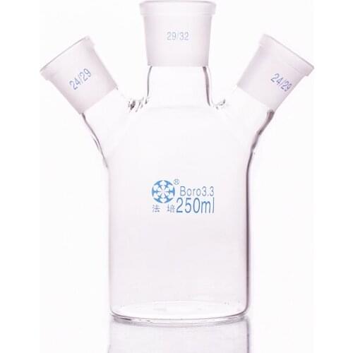 Single-deck cylindrical three-necked flat-bottom flask 250ml,Main29/32,Side 24/29,Single-deck cylindrical reactor bottle
