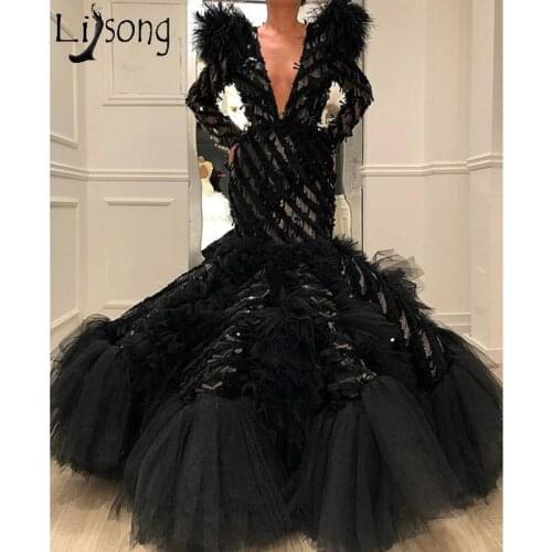 Amazing Mermaid Prom Dresses Mermaid Black Ruffled Tulle Chic Dress Evening Gown Feathers Arabic Dubai Formal Dress Party Wear