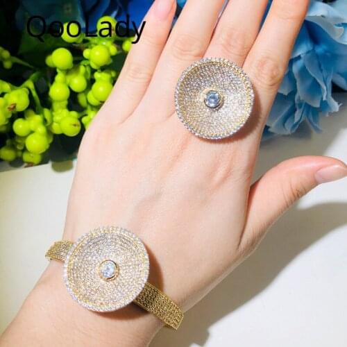 QooLady Luxury African 585 Gold Micro Pave Full White Zirconia Big Round Ring Bangle Wedding Party Jewelry Sets for Women S068