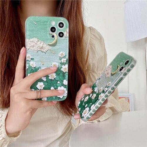 Retro Starry sky Moon Sweet Flowers Painting art Phone Case For iPhone 11 12 Pro Max Xs Max XR Xs 7 8 Plus 7Plus case Cute Cover
