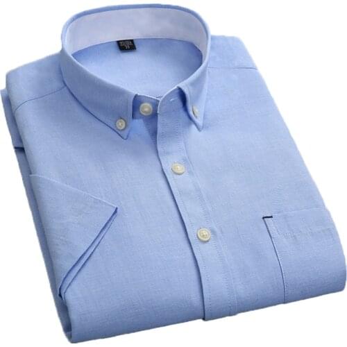 AOLIWEN brand men 50% cotton blue oxford solid color short sleeve shirt summer business casual thin anti wrinkle slim fit shirt