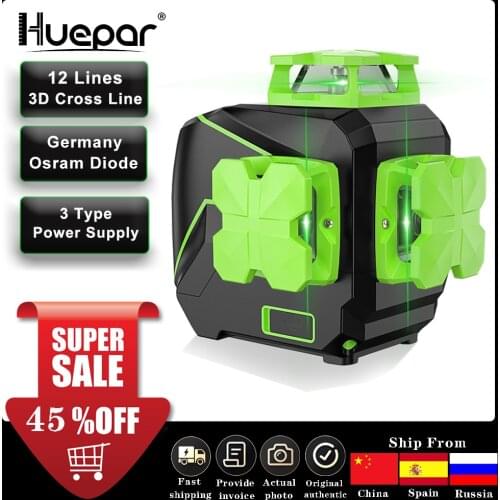Huepar 12 lines 3D Cross Line Laser Level Self-leveling Green Beam Vertical & Horizontal with USB Charger Use Dry Li-ion Battery