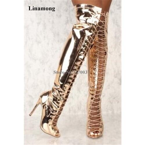 Women Sexy Fashion Peep Toe Gold Silver Mirror Patent Leather Over Knee Thin Heel Gladiator Boots Cut-out Long High Heel Boots