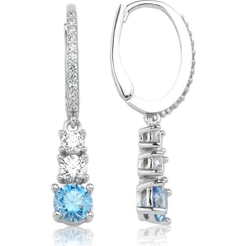 Valori Jewels 1.54 Carat, Zirconia Fancy Blue And White Round Gemstone, Rhodium Plated, Sterling Silver Three Stone Earrings