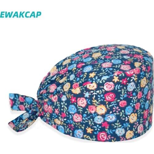 Floral pattern scrub cap with sweatband cotton surgeon working surgical hat Uniform annex caps for nurse unisex
