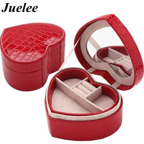 Juelee Crocodile Pattern PU Leather Mirror Jewelry Box Organizer Travel Casket Heart Jewelry Storage Display Gift Boxes