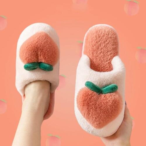 Slippers for Home Peach Chinelos Womens Flip-Flops Cartoon Fur Winter Warm Non-Slip Floor Kawaii Shoes