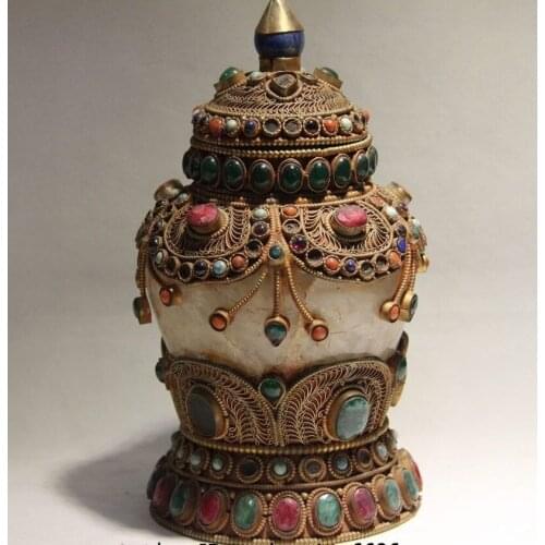 Tibet Temple Silver Gild Crystal Inlay Ruby Beryl Gem Tank Crock Pot Bottle Vase